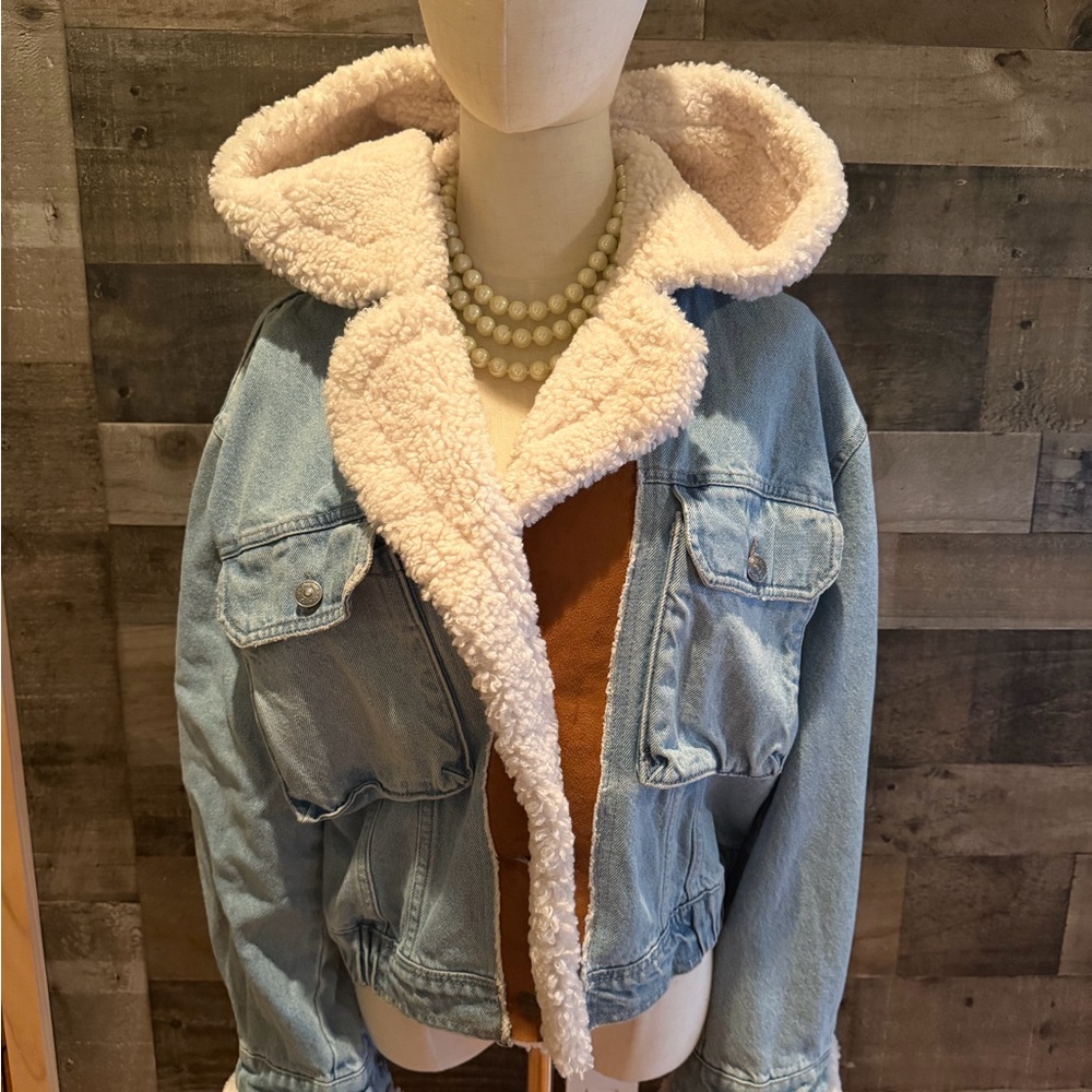 We The Free Light Blue Denim Jacket with Cream Fleece